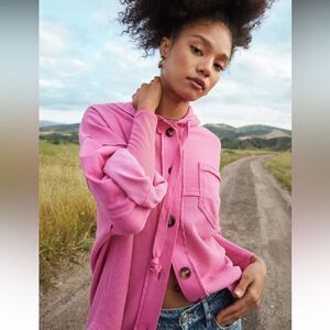 AE Raspberry Peak Pink Waffle Knit Big Hug Oversized Button Hooded Shacket